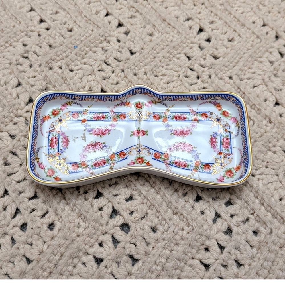 Vintage Porcelain Eyeglass Trinket Dish Floral Rose Gold Gilt Spectacle Tray